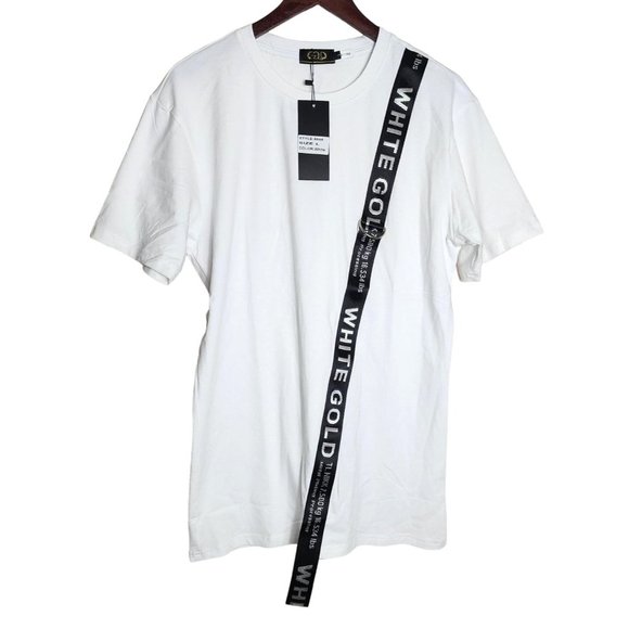 Gold Leaf Large White Crew Neck Men's Designer Shirt - Rare White Gold Strap - Picture 1 of 15